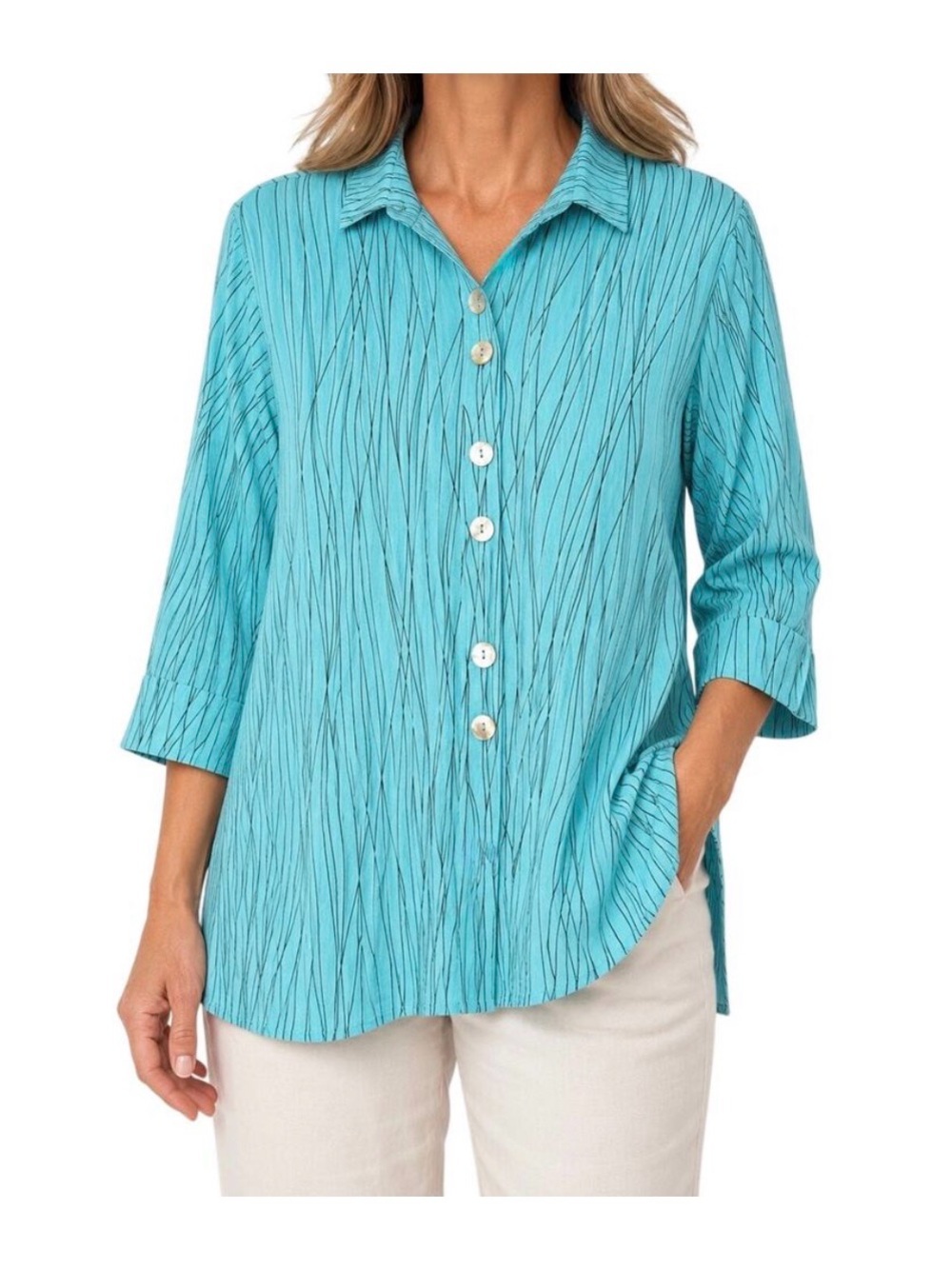 Ali Miles Turquoise Stripe-Print Button Down Shirt